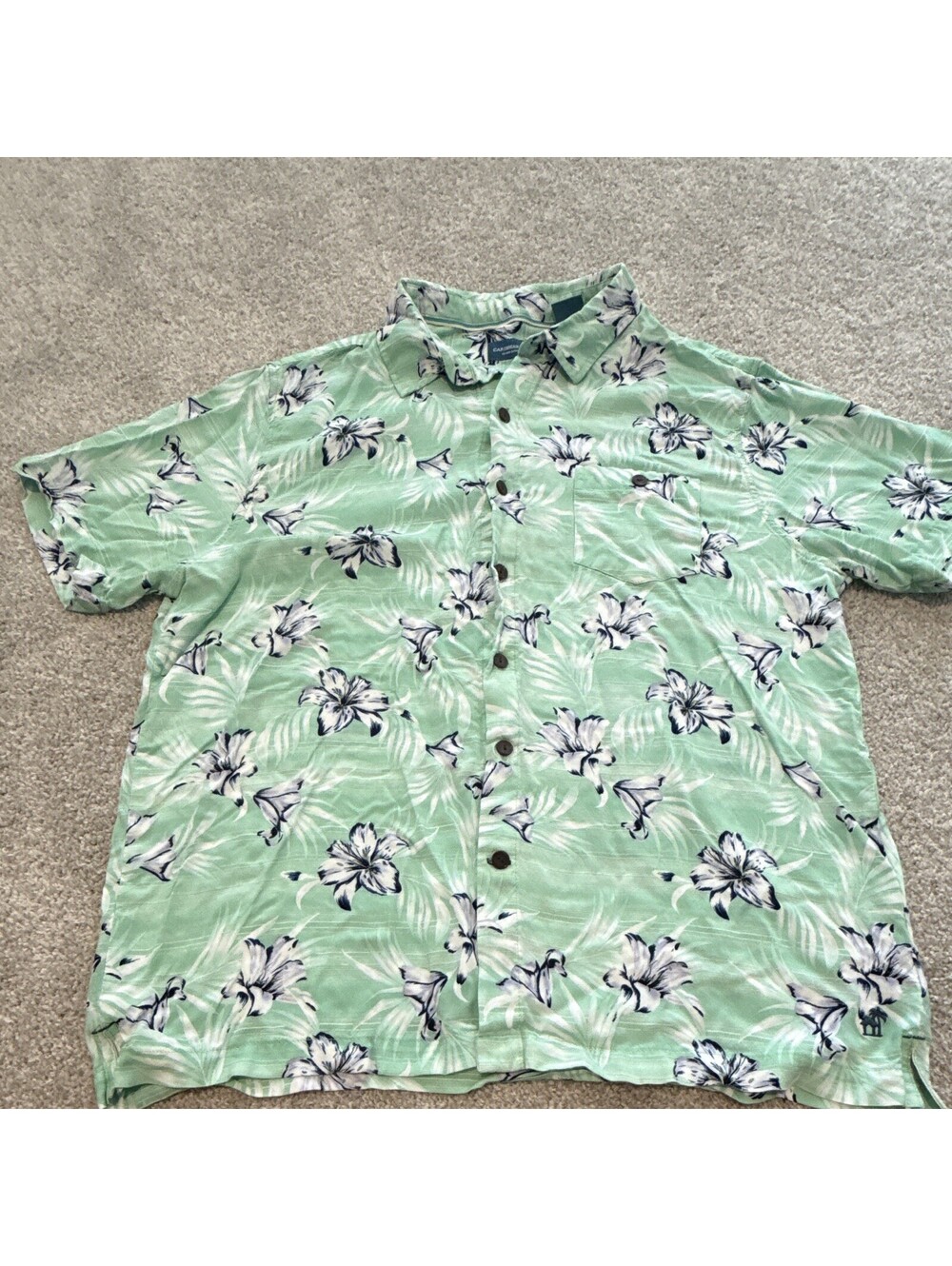 Caribbean Joe Men's XL Green Floral Hawaiian Rayon Short Sleeve Button-Up Shirt